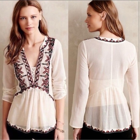 Anthropologie Akemi + Kin Embroidered Mesh Peasant Top - Picture 2 of 7
